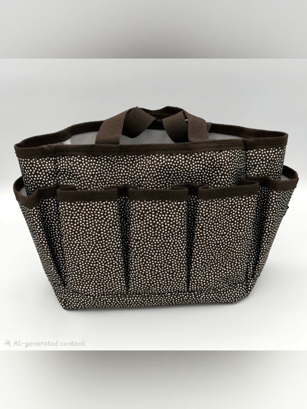 Thirty One 5 pocket mini organizer tote. Brown w/ white pin dots. 11" wide x 13"